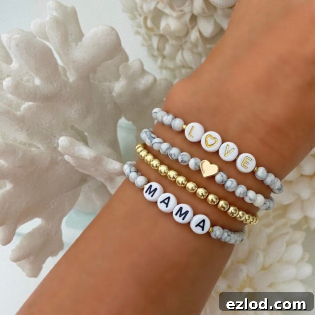 Personalized beaded name bracelets, ideal for stacking.