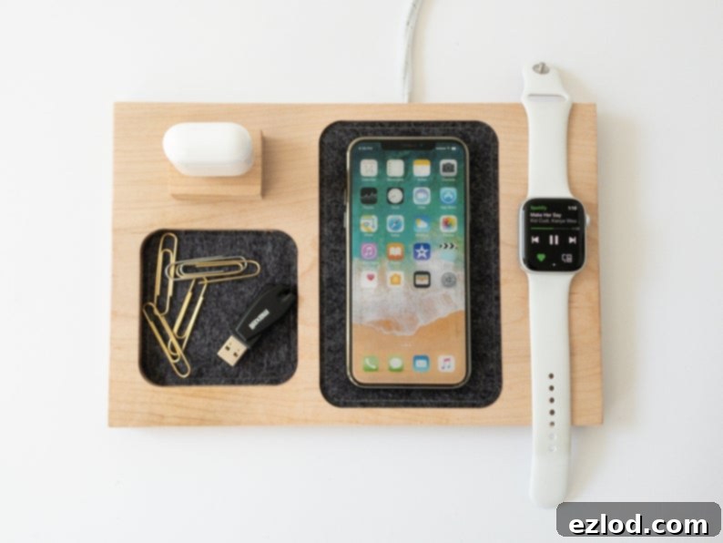 Stylish minimalist wireless charging station for multiple devices.