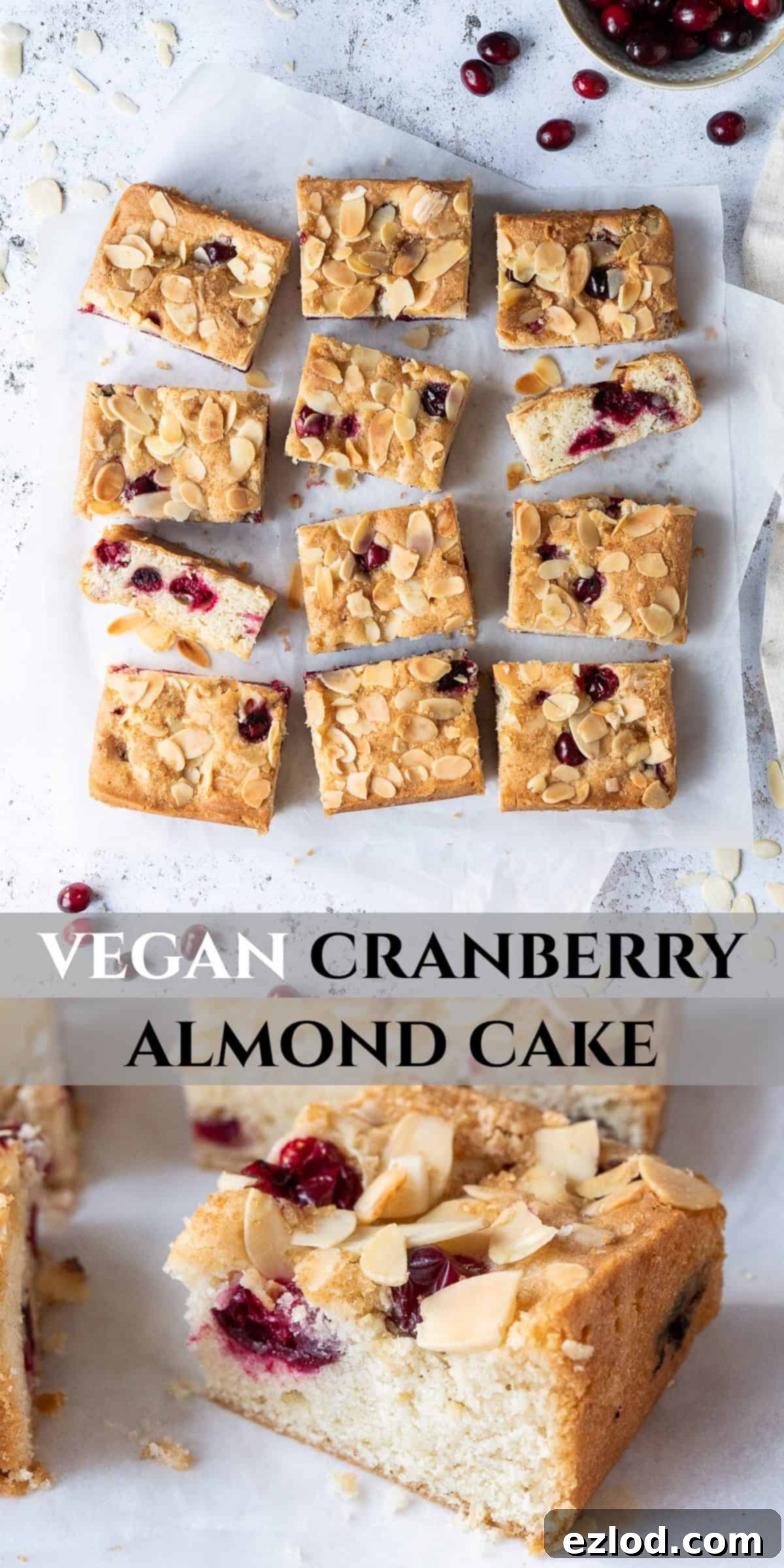 Pinterest collage image featuring multiple angles of the vegan cranberry almond cake.