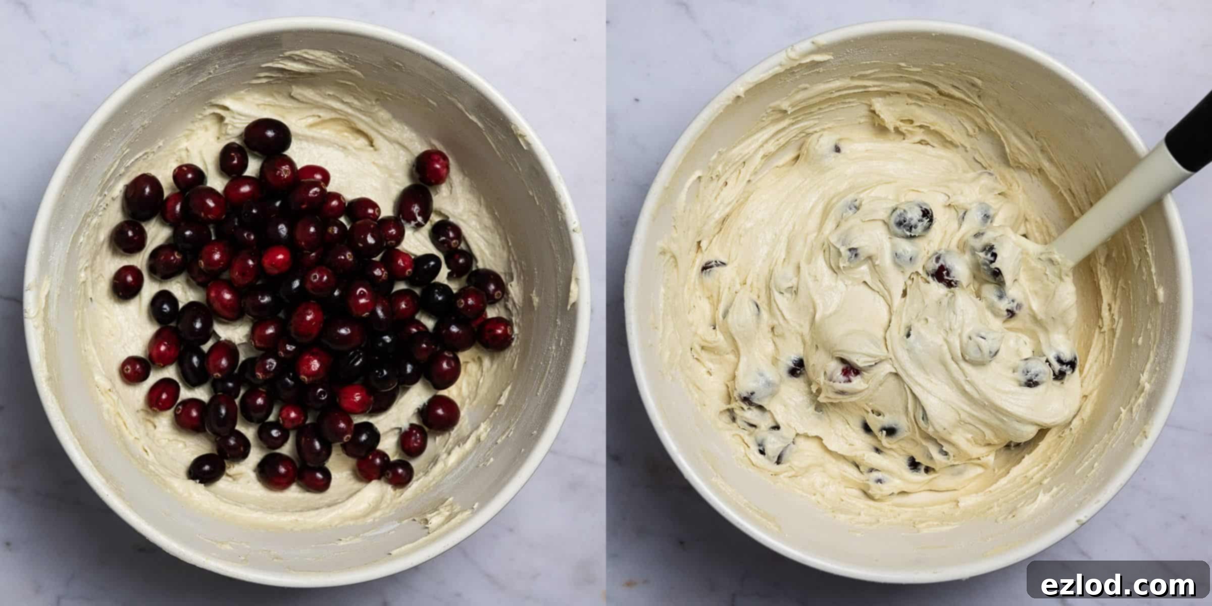 Step 3 - adding the cranberries to the vegan cake batter.