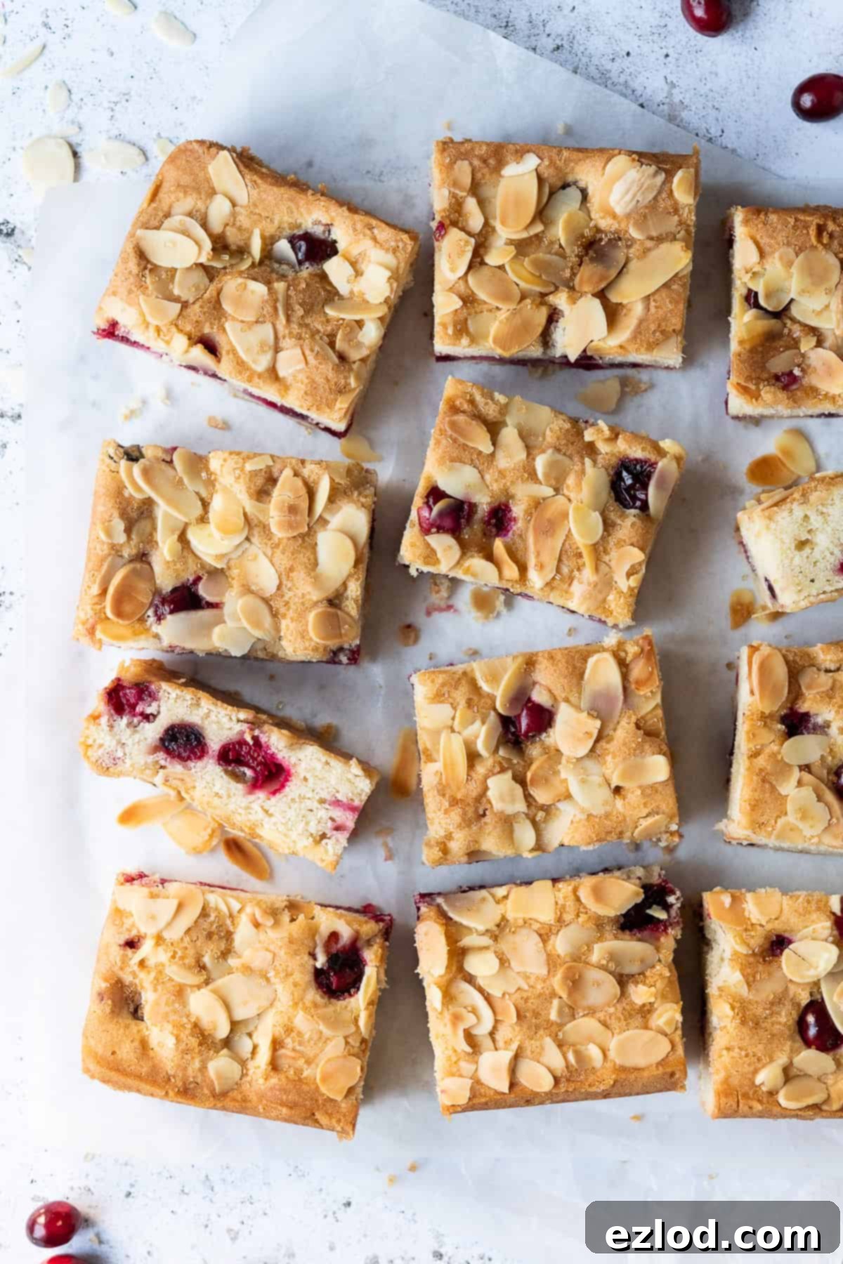 Squares of vegan cranberry almond cake on a sheet of white baking parchment, perfect for serving.