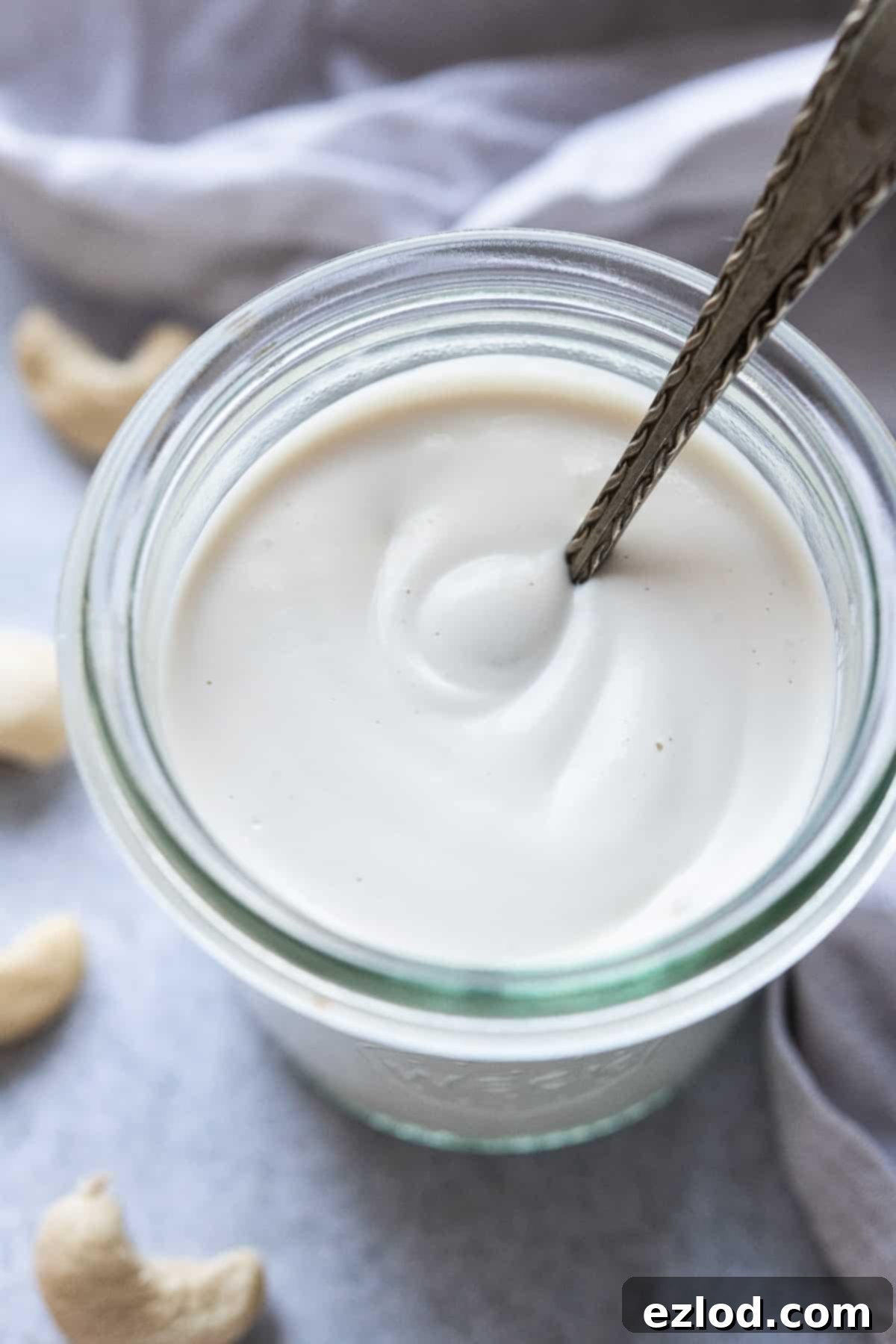 Close up of a jar of cashew cream.