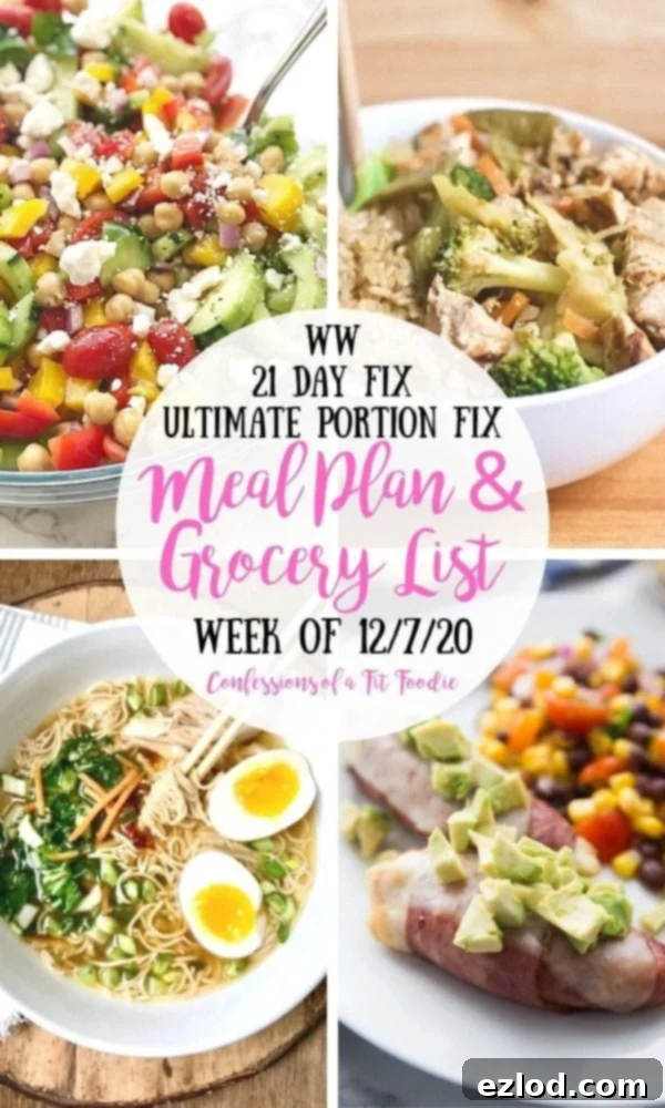 A collage of healthy, vibrant food photos featuring a central pink and black text overlay that reads: WW | 21 Day Fix | Ultimate Portion Fix | Meal Plan & Grocery List | Confessions of a Fit Foodie. This image represents a weekly meal plan designed for easy healthy eating.