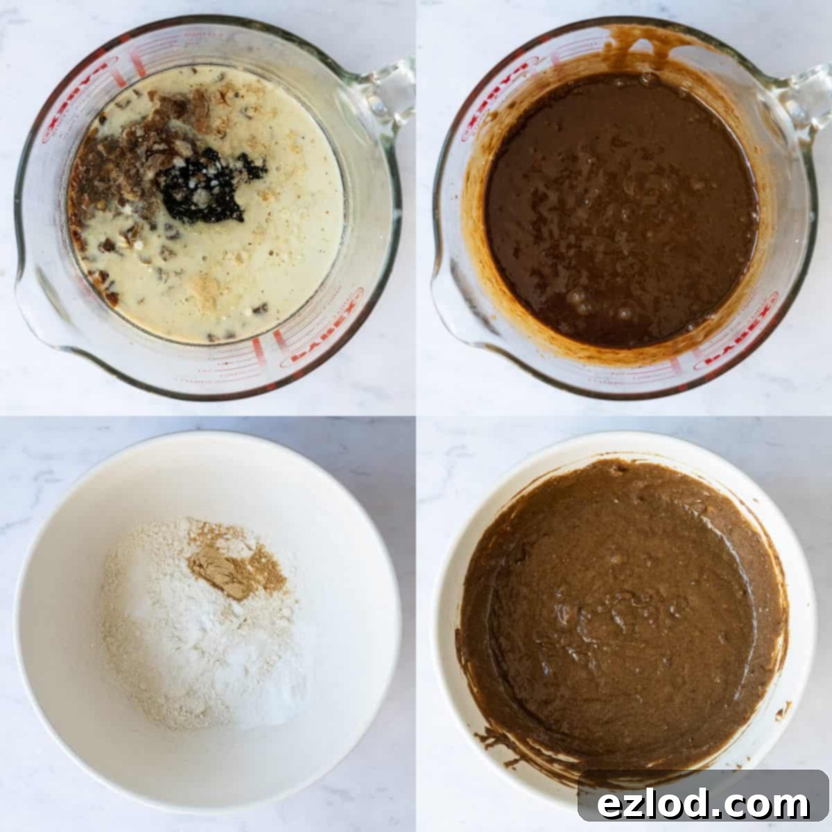 Step 2 - four image collage of adding the wet ingredients to the date mixture, blending it, mixing the dry ingredients and mixing it all together to make a batter.