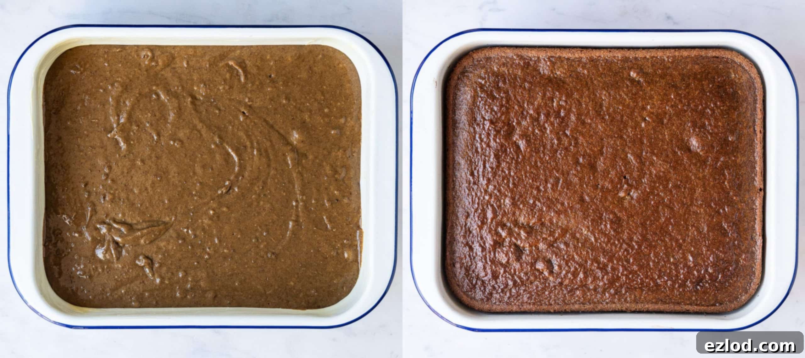 Step 3 - a two image collage of transferring the batter to the dish and baking the pudding.