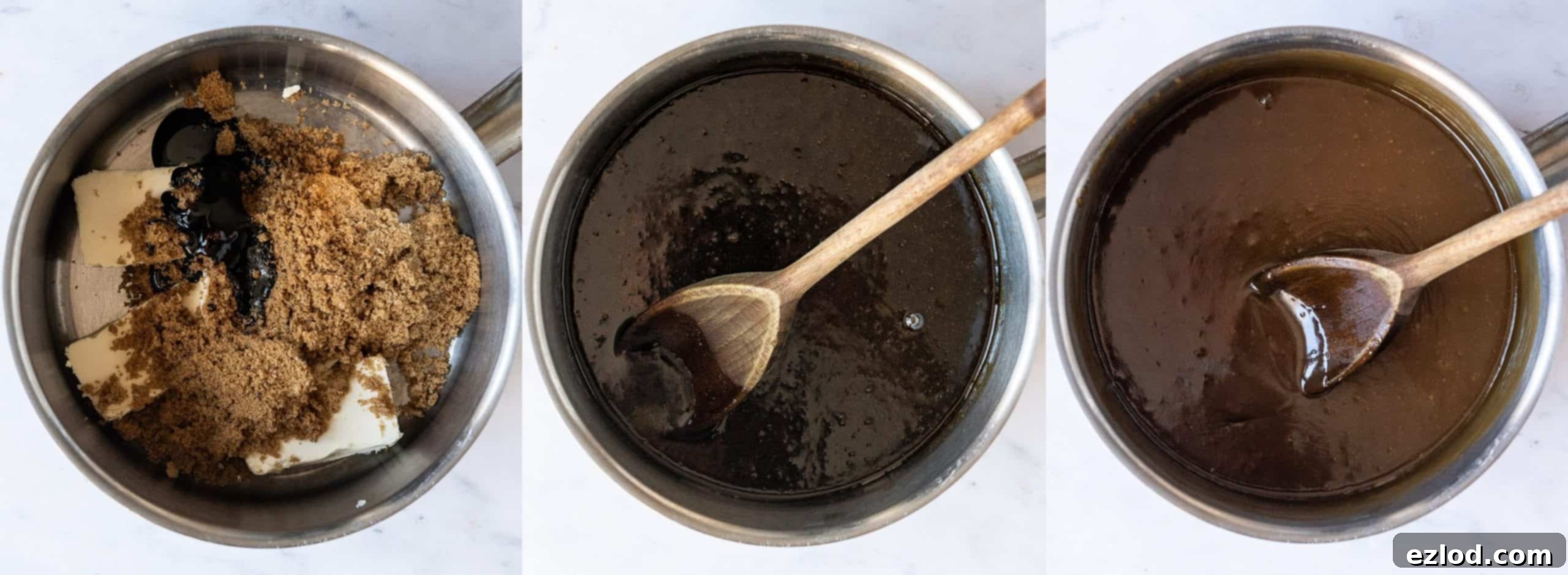 Step 4 - three image collage of making the toffee sauce.
