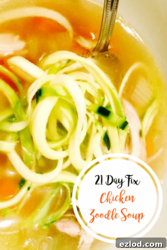 Overhead shot of a bowl of 21 Day Fix Chicken Zoodle Soup, showcasing the chicken, vegetables, and zucchini noodles, ready to be enjoyed.