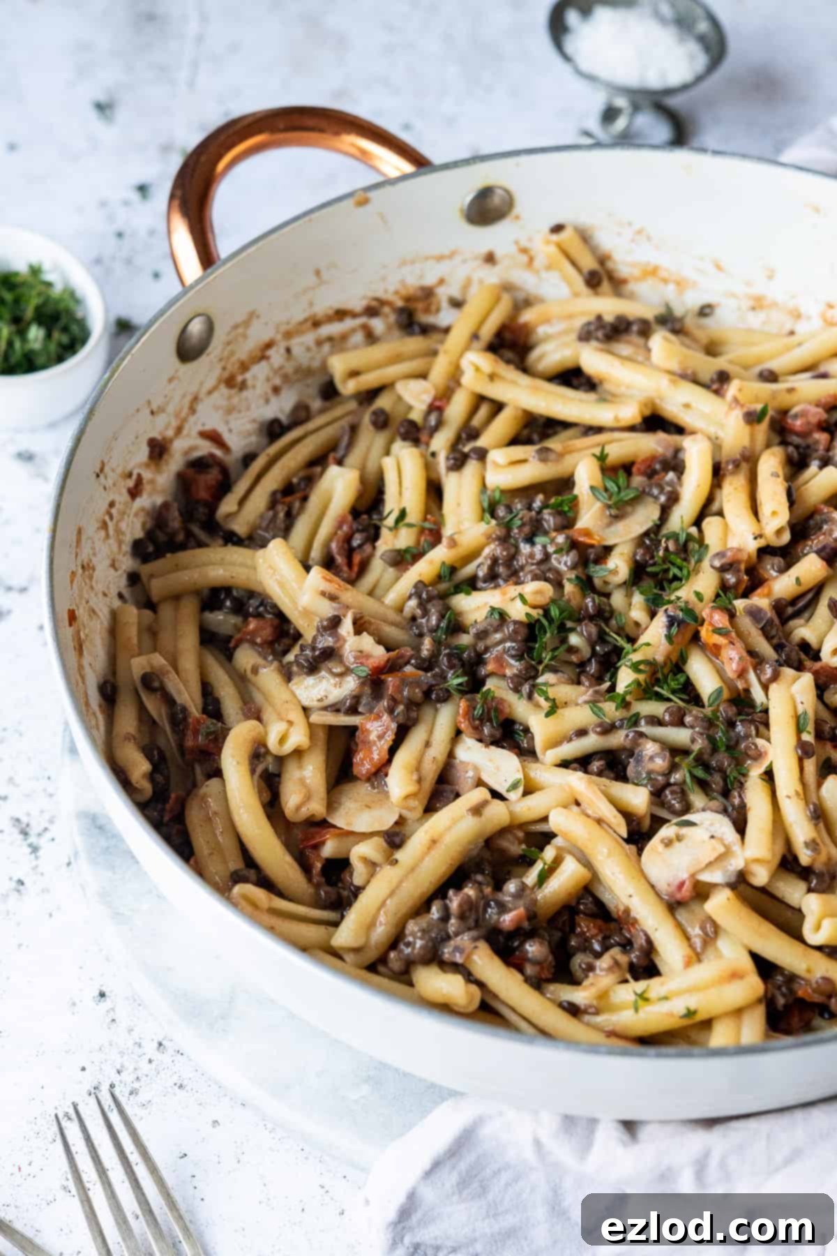 Close-up shot of a fork twirling rich sun-dried tomato puy lentil pasta in a white pan, ready to be enjoyed.