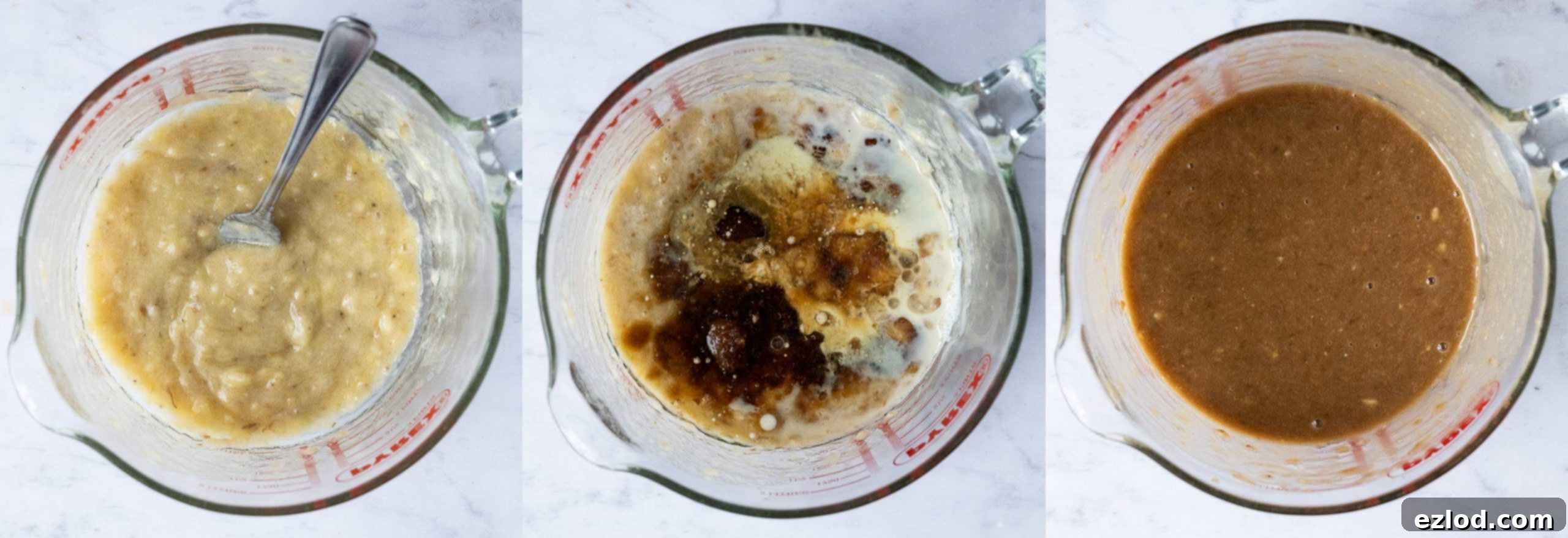 Step 1 - a three image collage of mashing the banana and whicking in the wet ingredients.