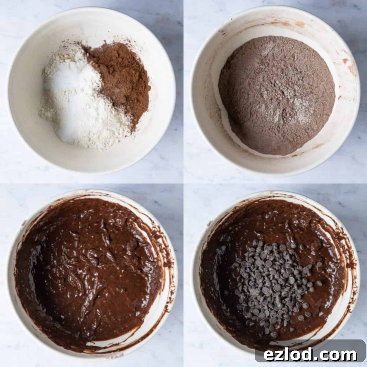 Step 2 - a four image collage of sifting the dry ingredients, adding the wet, making the batter and adding the chocolate chips.