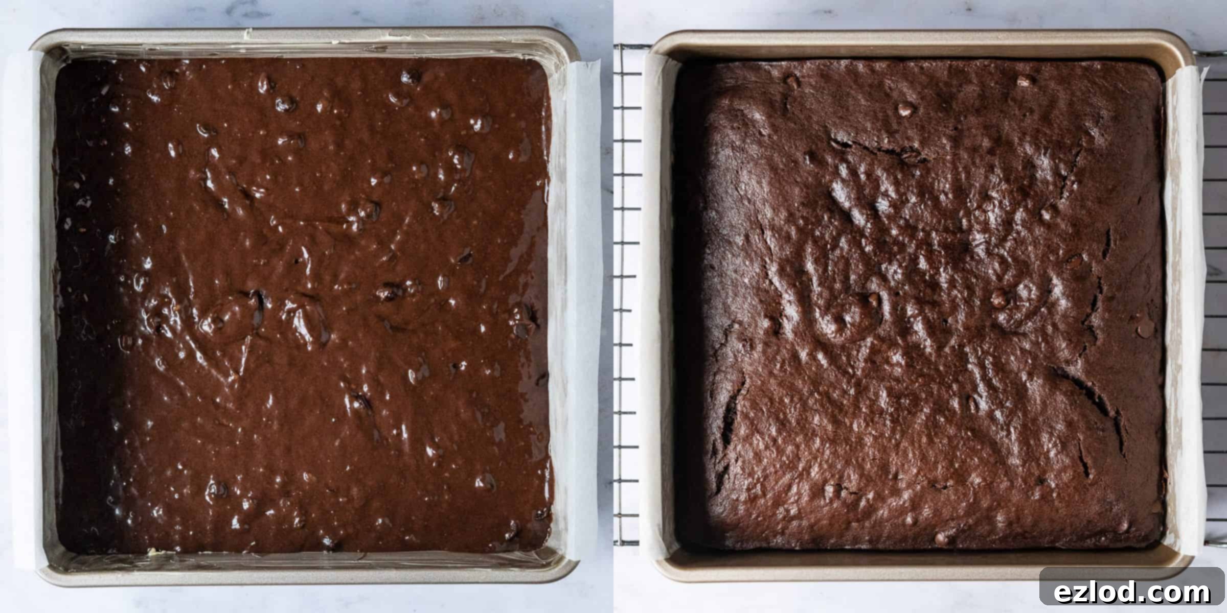Step 3 - a two image collage of adding the batter to the tin and the baked cake.