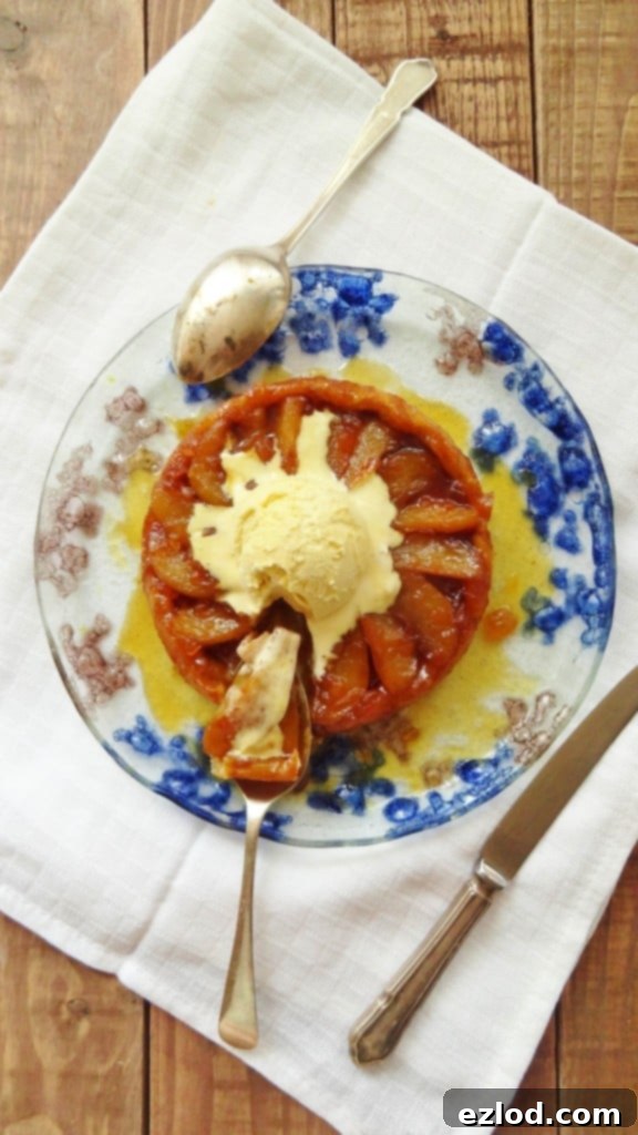 A delicious pear and ginger tarte tatin for two, served with a scoop of ice cream
