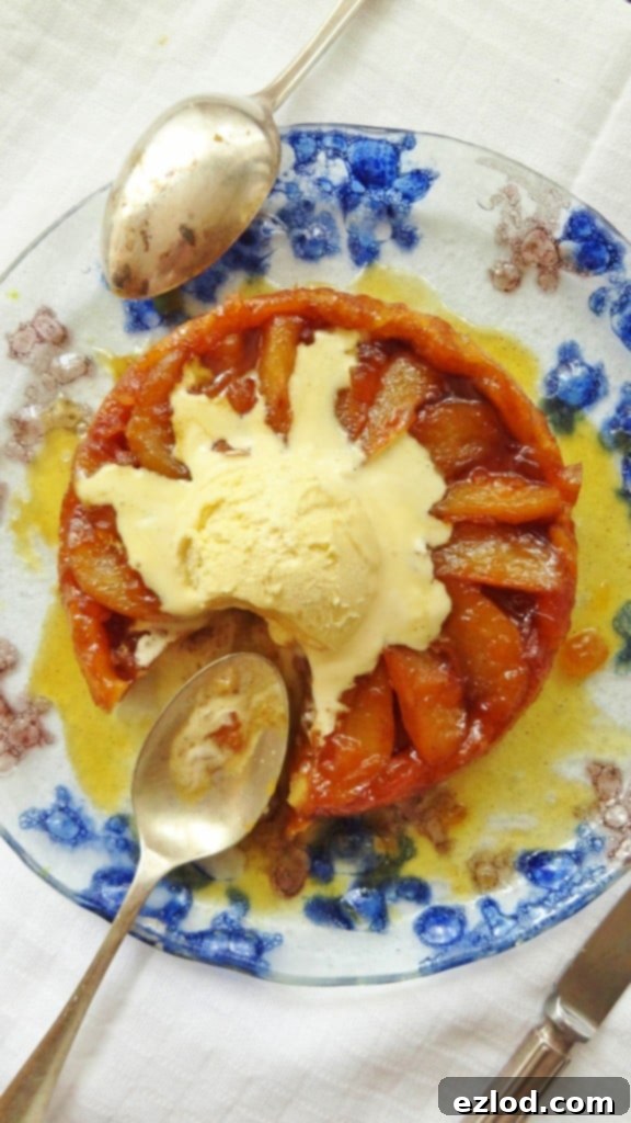 Close-up of the delicious pear and ginger tarte tatin, highlighting its texture and caramel