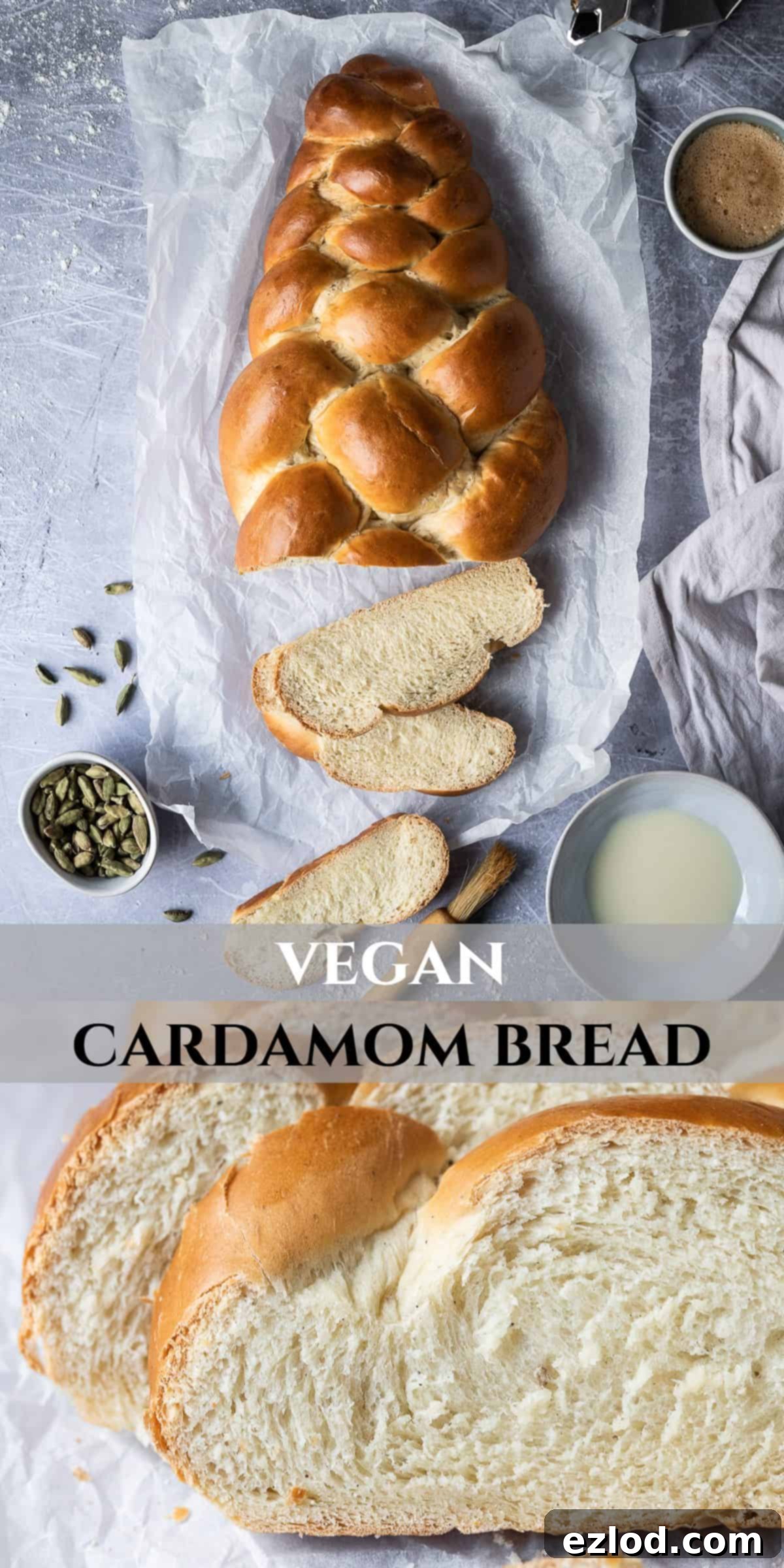 A two-image Pinterest collage featuring different angles of freshly baked vegan pulla bread, ideal for social media sharing and showcasing its irresistible appeal.