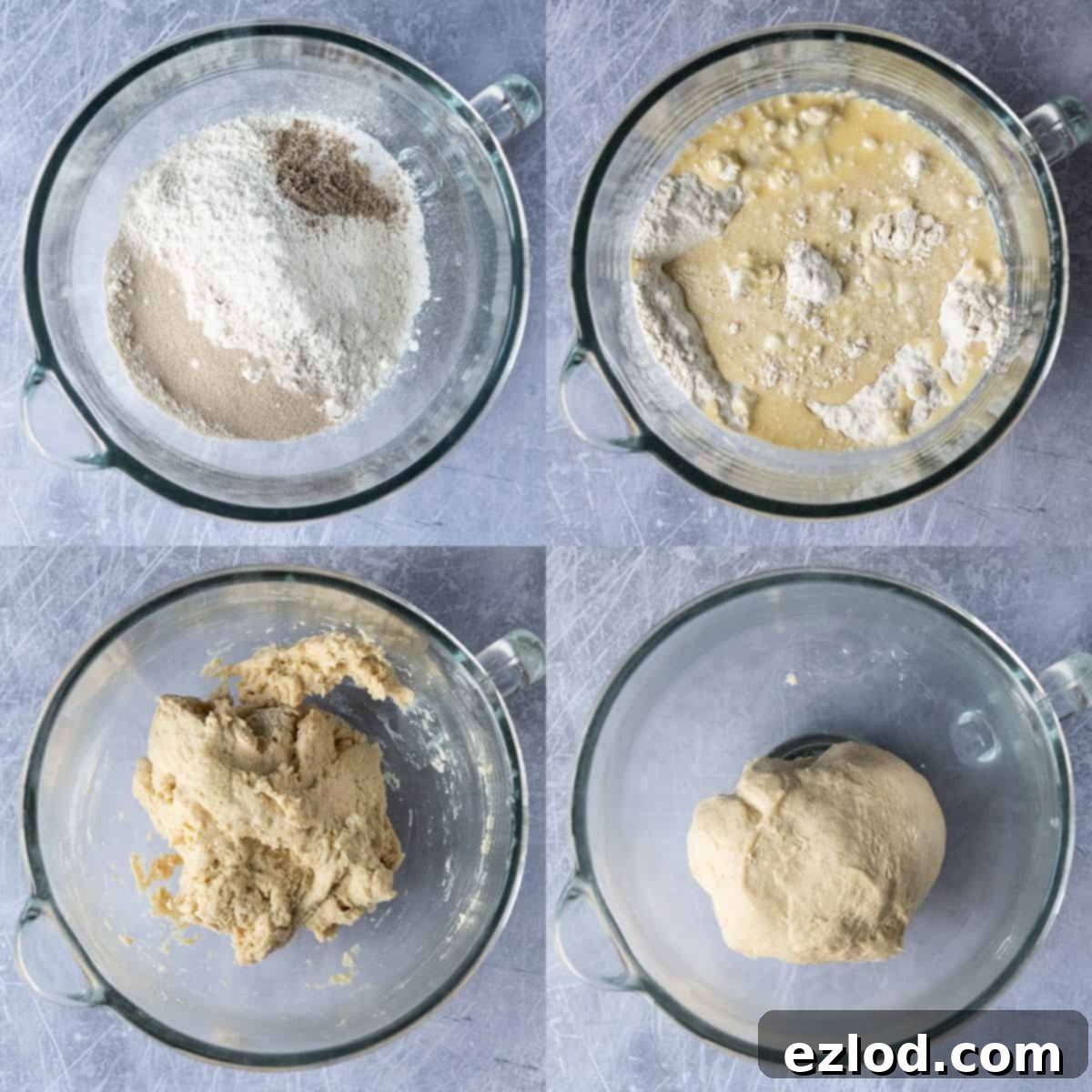 A four-image collage showing the process of making vegan pulla dough: mixing dry ingredients, adding wet ingredients, forming a rough dough, and finally, a smooth, kneaded dough in the stand mixer.