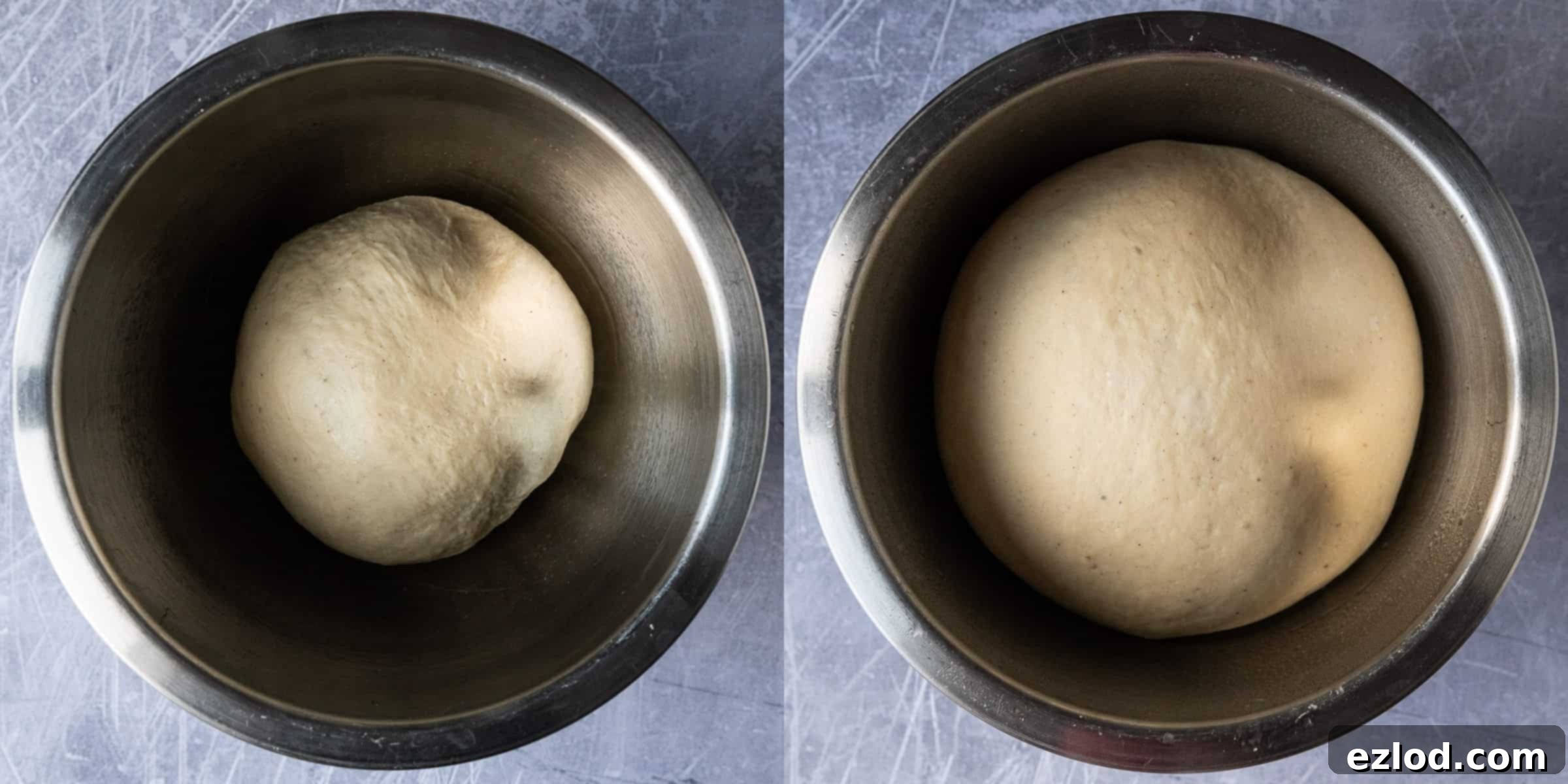 A two-image collage showing vegan pulla dough rising: first, a bowl of freshly kneaded dough covered, and second, the same dough after it has beautifully doubled in size.