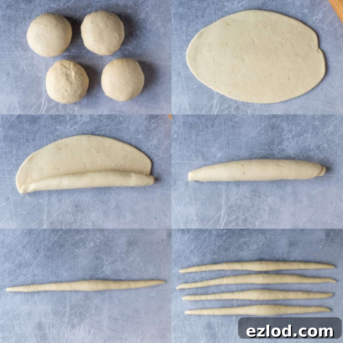 A six-image collage illustrating the process of preparing dough strands for vegan pulla bread: from dividing the dough and shaping balls to rolling out ovals and forming long, tapered strands.