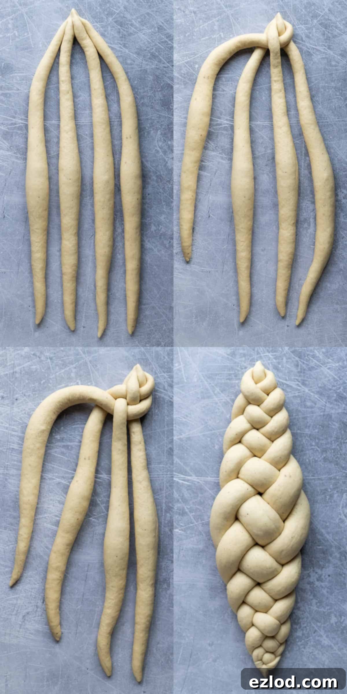 A four-image collage demonstrating the step-by-step process of braiding a four-strand vegan pulla loaf, from initial arrangement to the finished intricate braid.