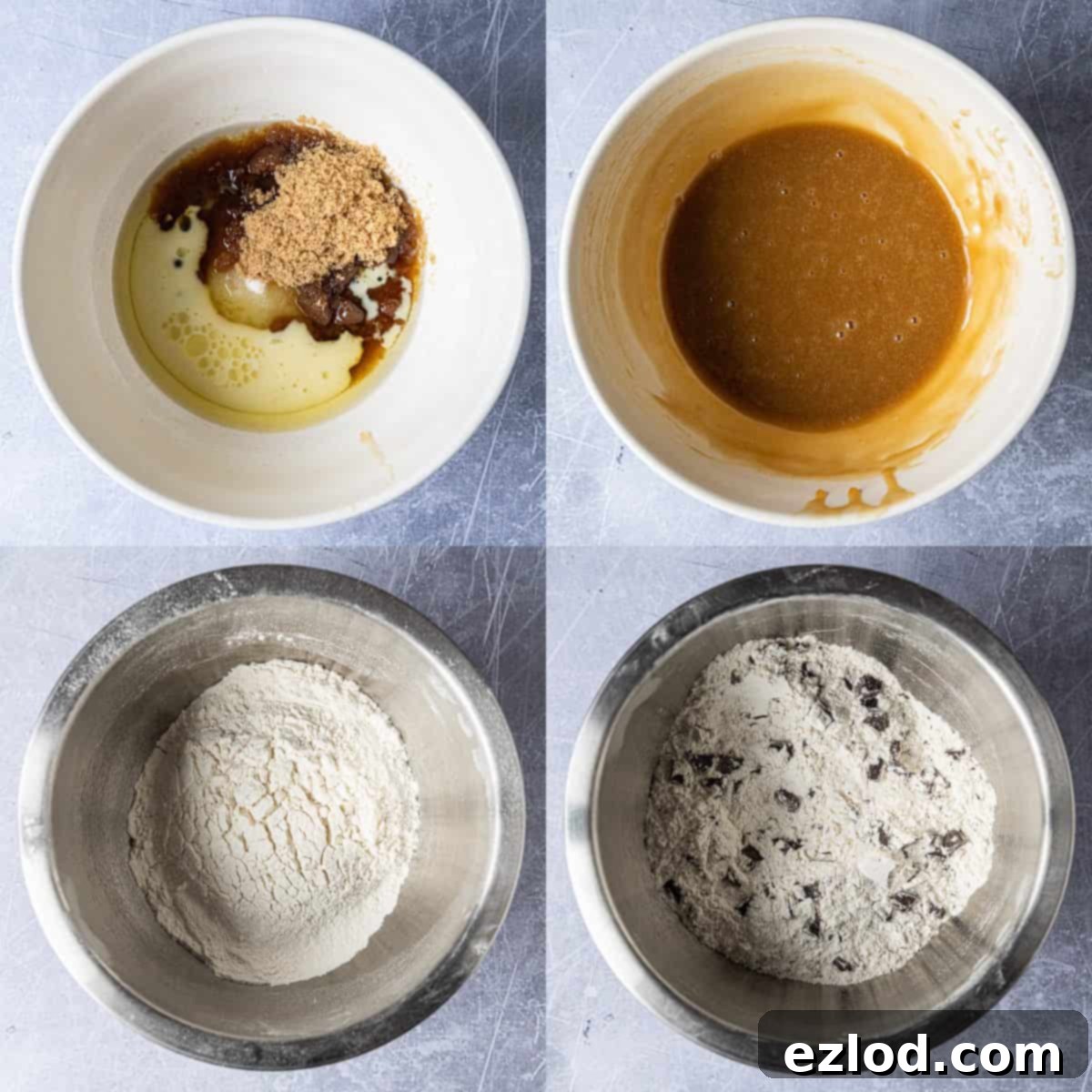 Step 1 - a four image collage of mixing the wet ingredients and sifting together the dry ingredients.