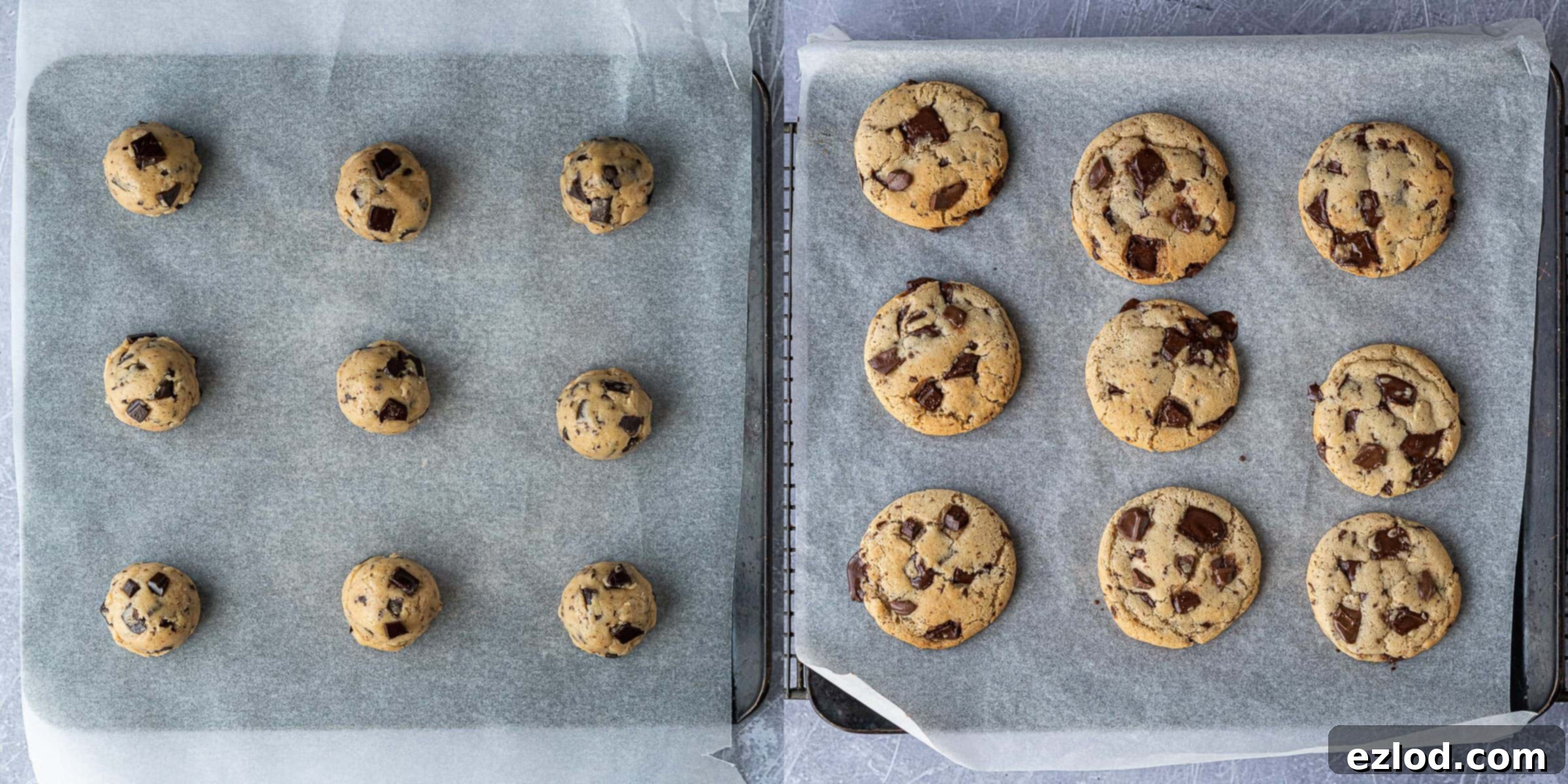 Step 3 - a two image collage of the unbaked cookies and the baked cookies.