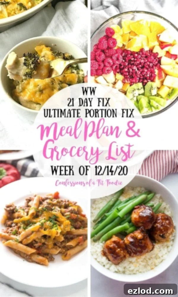 Food photo collage with pink and black text on a white circle. Text says, WW | 21 Day Fix | Ultimate Portion Fix | Meal Plan & Grocery List | Week of 12/14/20 | Confessions of a Fit Foodie