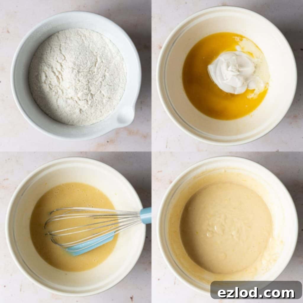 A four-image collage demonstrating the key stages of making vegan Madeleine batter, from sifting dry ingredients to combining wet ingredients and gently folding them together.