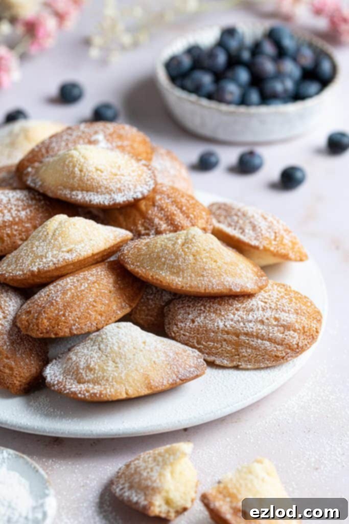A delightful pile of vegan Madeleines gracefully arranged on a white plate, accompanied by a small bowl of fresh blueberries for a touch of freshness.