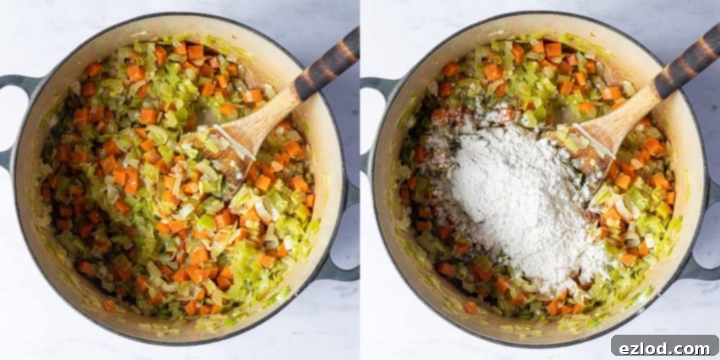 A two-image collage showing the first steps of soup preparation: frying a mix of chopped vegetables and then stirring in flour to create a roux.
