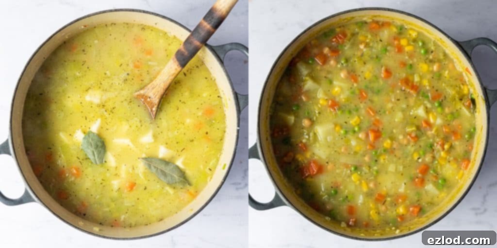 A two-image collage illustrating the soup-making process: adding vegetable stock, herbs, and diced potatoes, followed by the addition of frozen peas, sweetcorn, and chickpeas.