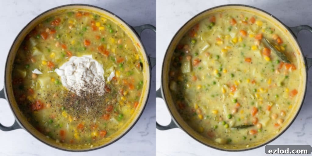 A two-image collage showing the final steps: stirring in vegan cream for richness and the beautifully finished creamy vegetable chickpea soup ready to serve.