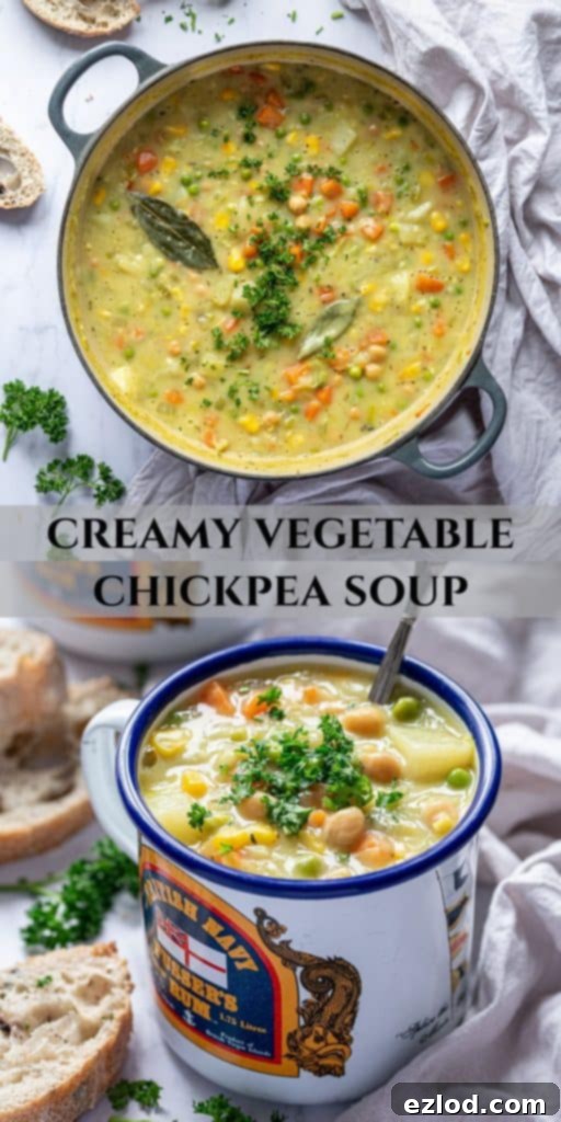 A Pinterest collage image featuring multiple appealing shots of creamy vegetable chickpea soup, perfect for sharing on social media to inspire vegan cooking.