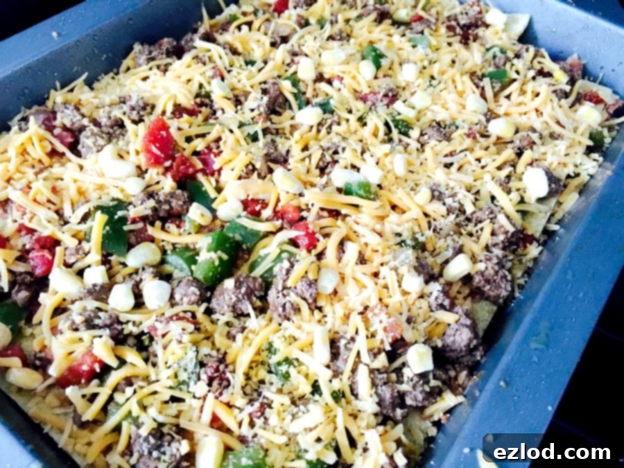 Close-up of baked Mexican lasagna