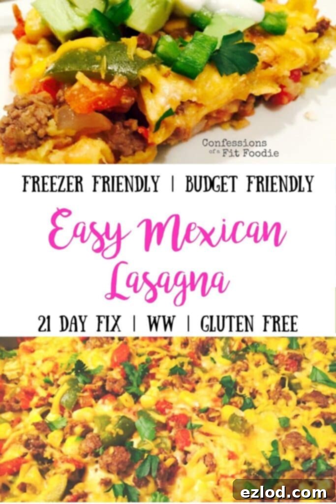Image of Easy Mexican Lasagna with text overlay for Pinterest