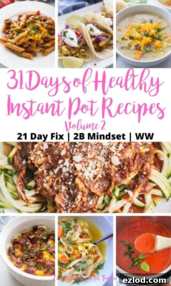 A vibrant collage showcasing 31 diverse and healthy Instant Pot dishes, ranging from chili mac to chicken curry. Text overlay highlights '31 Days of Healthy Instant Pot Recipes Volume 2' and mentions compatibility with '21 Day Fix | 2B Mindset | WW | Confessions of a Fit Foodie', emphasizing healthy, easy pressure cooker meals.