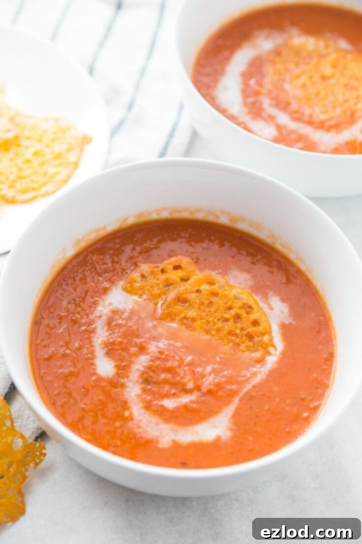 Easy Instant Pot Tomato Soup with Crispy Cheese Chips