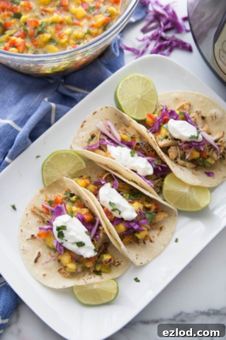 Instant Pot Chicken Carnitas with Avocado Peach Salsa