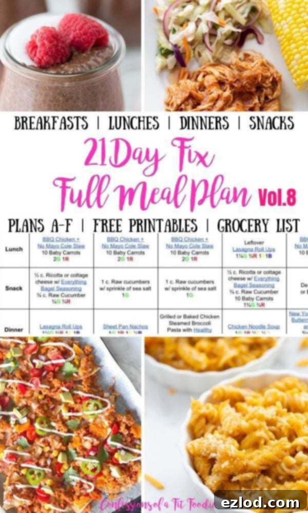 Food photo collage with black and pink text on a white rectangle. Text says, 21 Day Fix Full Meal Plan Vol. 8 | Confessions of a Fit Foodie