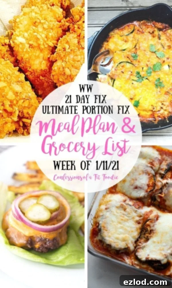 Food photo collage with pink and black text in a white circle. Text says, WW | 21 Day Fix | Ultimate Portion Fix | Meal Plan & Grocery List Week of 1/11/21 | Confessions of a Fit Foodie