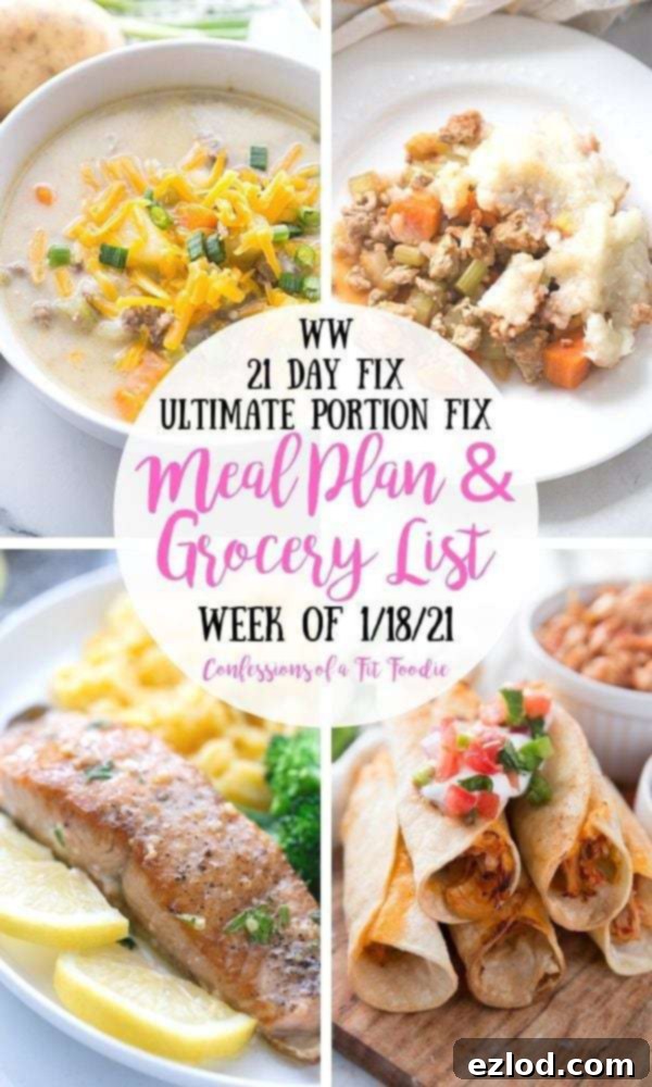 Food photo collage with pink and black text on a white circle. Text says, WW | 21 Day Fix | Ultimate Portion Fix | Meal Plan & Grocery List | Week of 1/18/21 | Confessions of a Fit Foodie