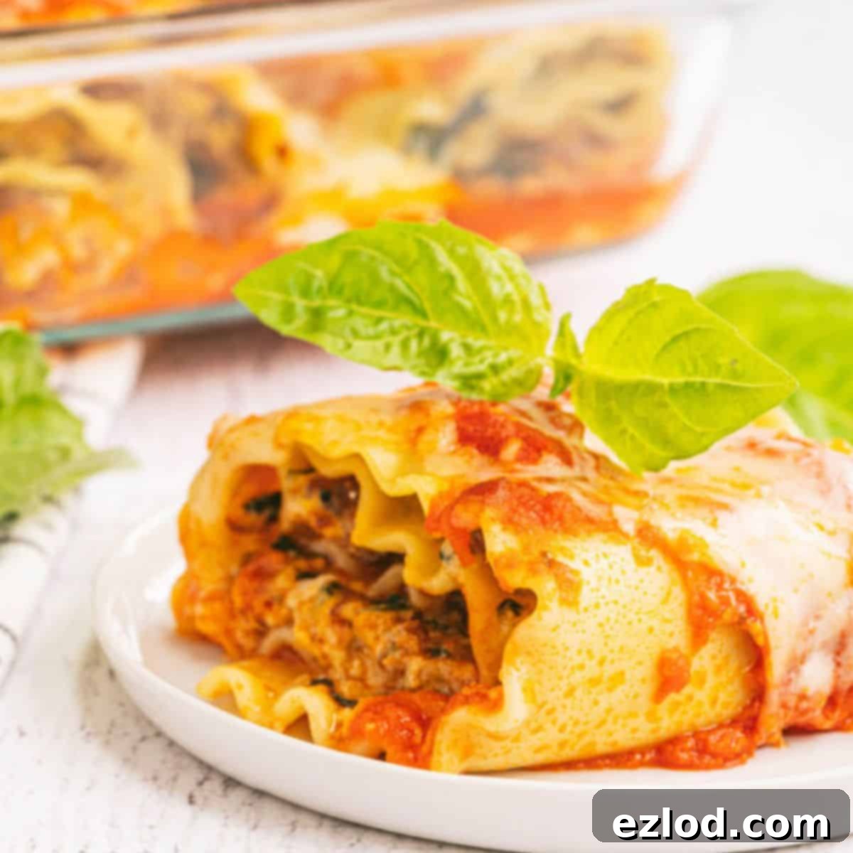 Close-up of freshly baked Lasagna Roll Ups in a baking dish, with melted cheese and a rich tomato sauce.