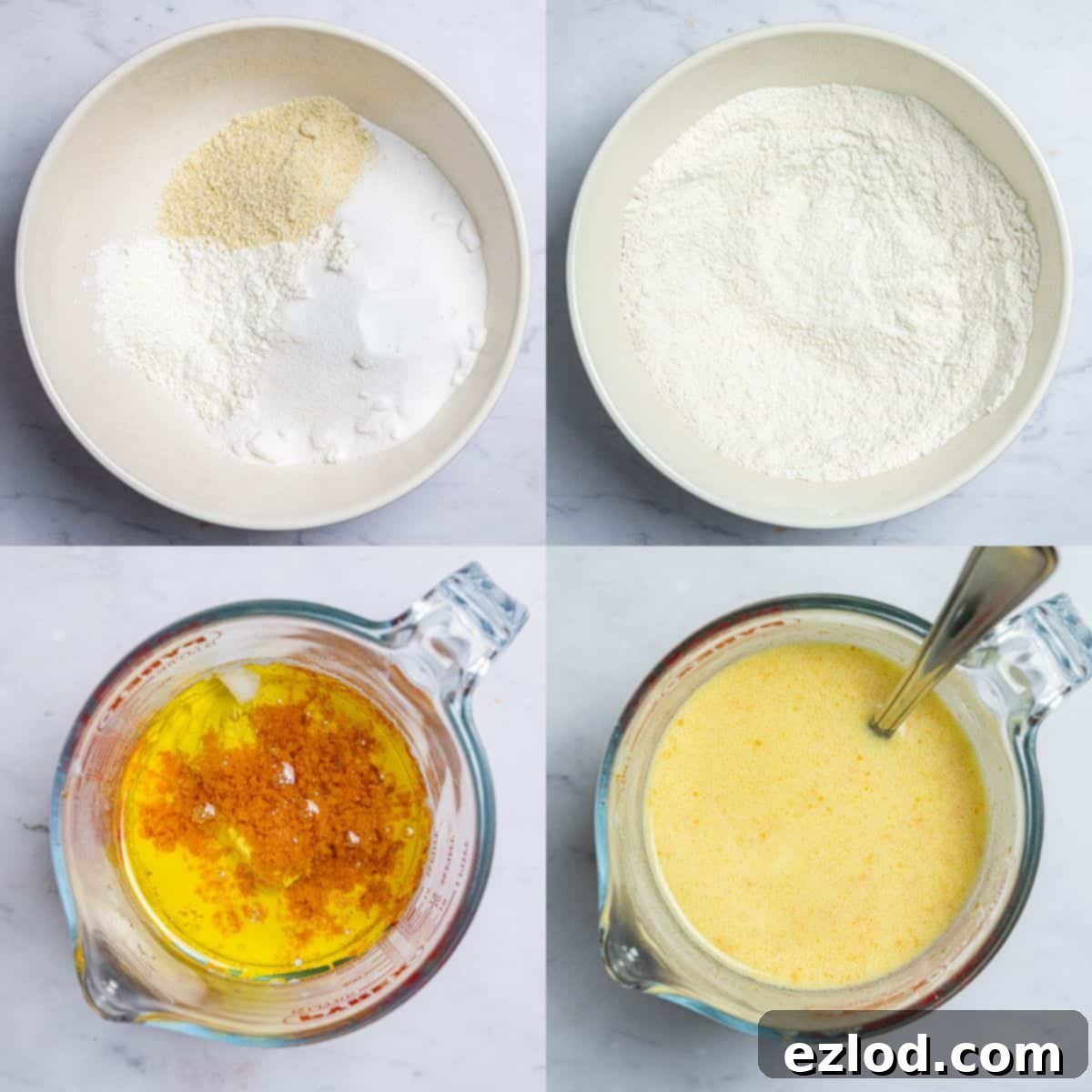 Step 1 in a four-image collage: top left shows dry ingredients being sifted, top right shows ground almonds, sugar, and salt being whisked into dry ingredients. Bottom left shows orange juice and zest with liquid ingredients being whisked, bottom right shows all wet ingredients combined in a jug.