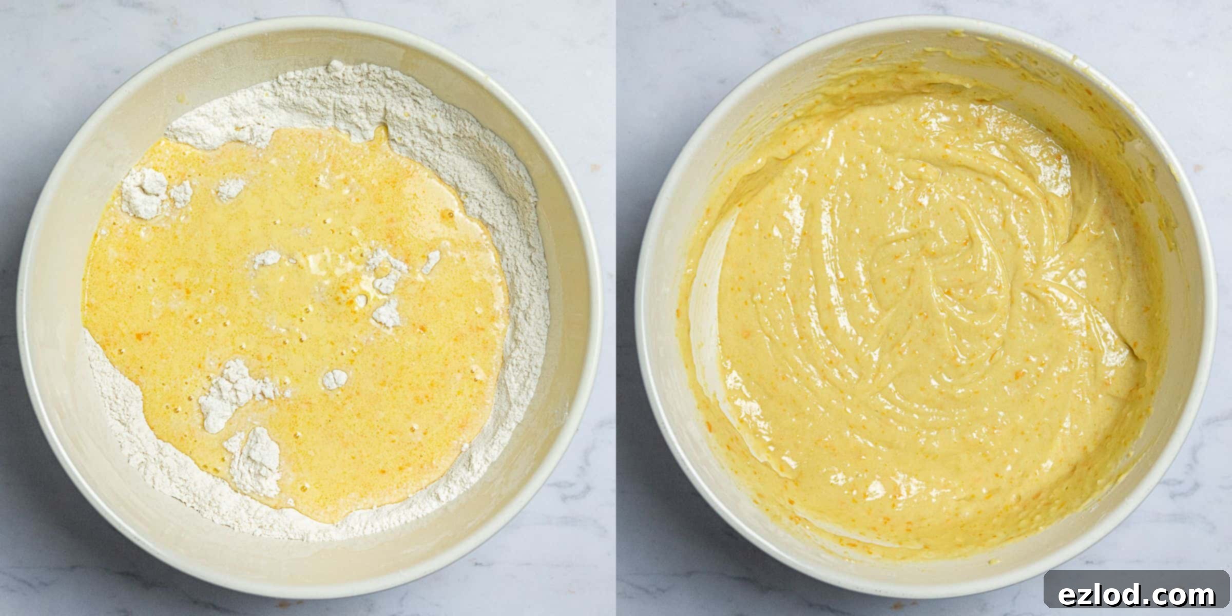 Step 2 in a two-image collage: left shows wet ingredients being poured into the dry ingredients in a large bowl, right shows the perfectly mixed cake batter ready for baking.
