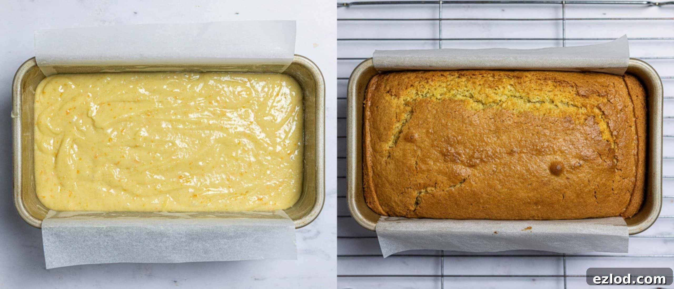Step 3 in a two-image collage: left shows the vegan orange cake batter evenly distributed in a loaf tin ready for the oven, right shows the golden-brown, perfectly baked vegan orange loaf cake straight out of the oven.