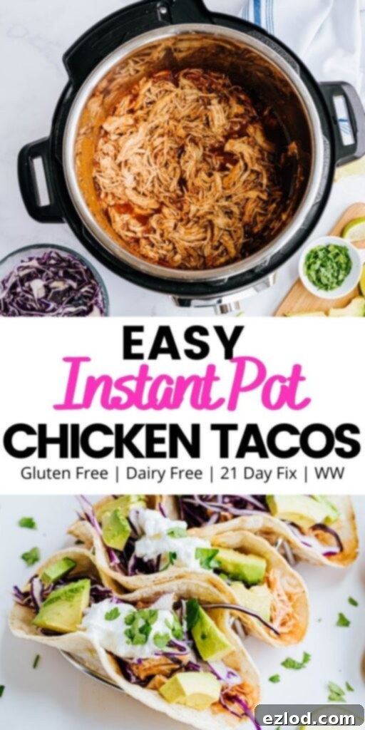 Ultimate Instant Pot Chicken Tacos 4 A vibrant photo collage with the text overlay 'Easy Instant Pot Chicken Tacos', showcasing the delicious prepared dish.