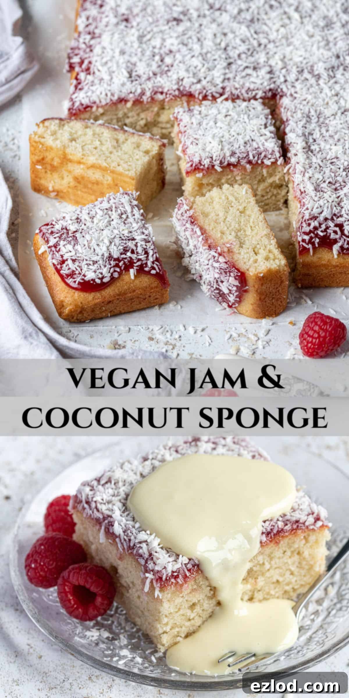 Pinterest collage image for Vegan Jam and Coconut Sponge Cake.