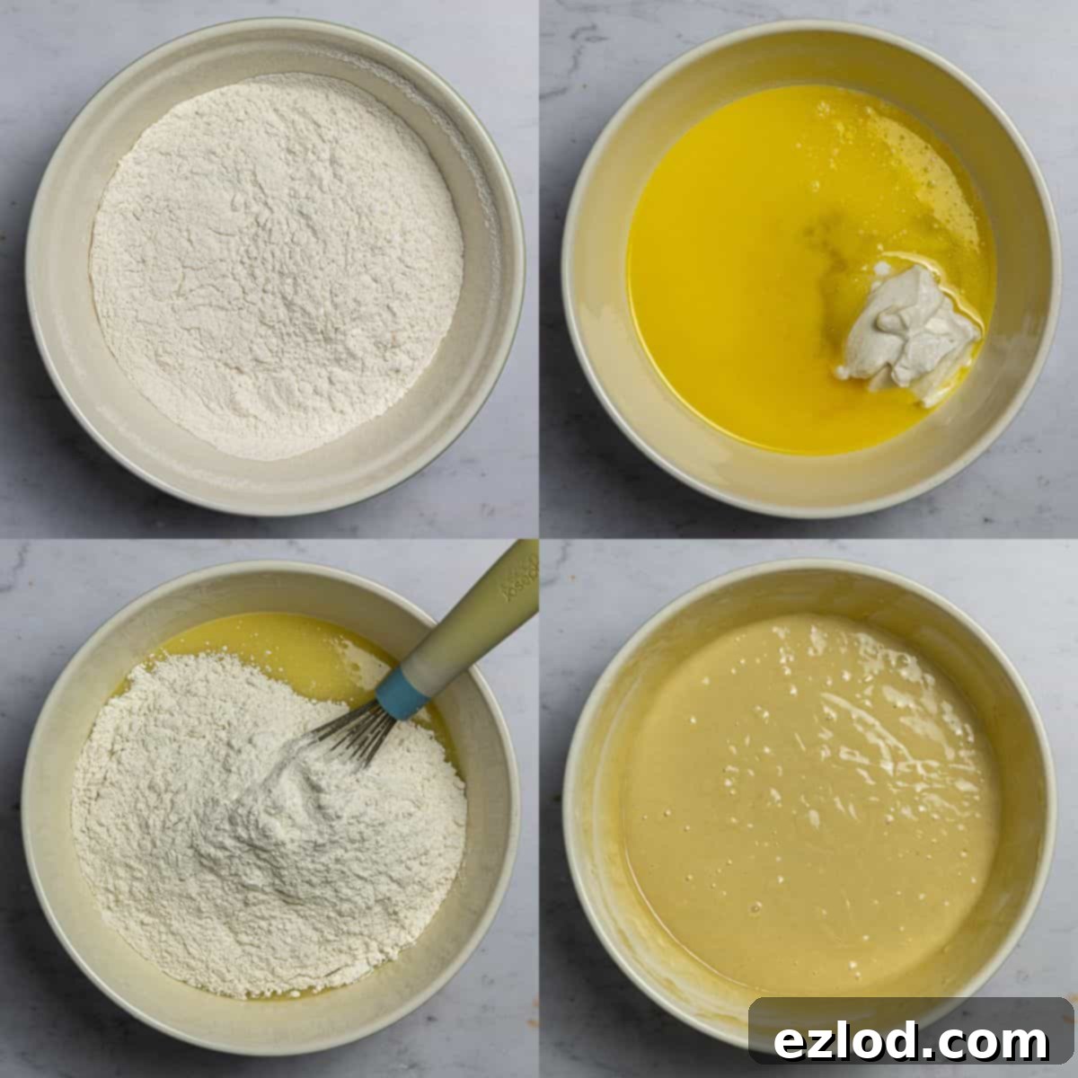 Step 1 - a four image collage of sifting together the dry ingredients, whisking together the wet and making the batter.