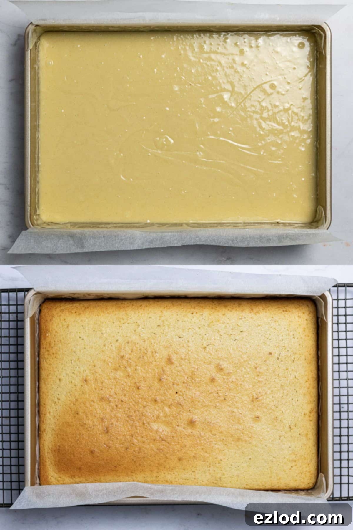 Step 2 - a two image collage of the unbaked batter in the tin and the baked cake.