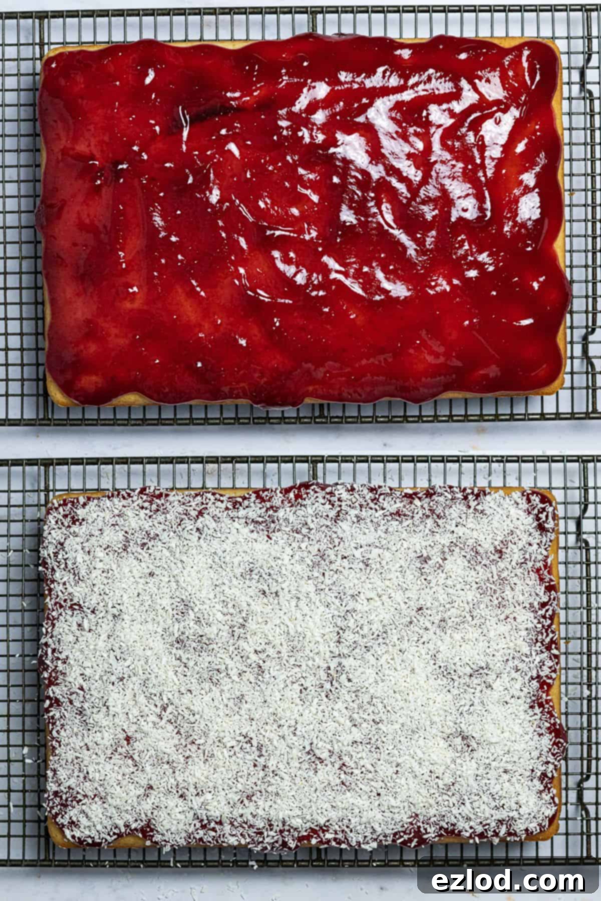 Step 3 - a two image collage of adding the jam and desiccated coconut.