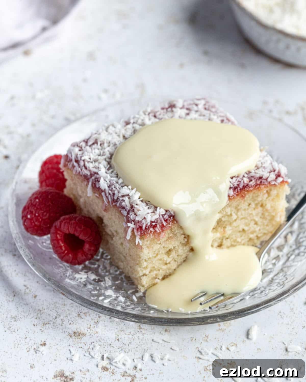 A slice of vegan jam and coconut sponge cake with custard on top and a few raspberries on the side.