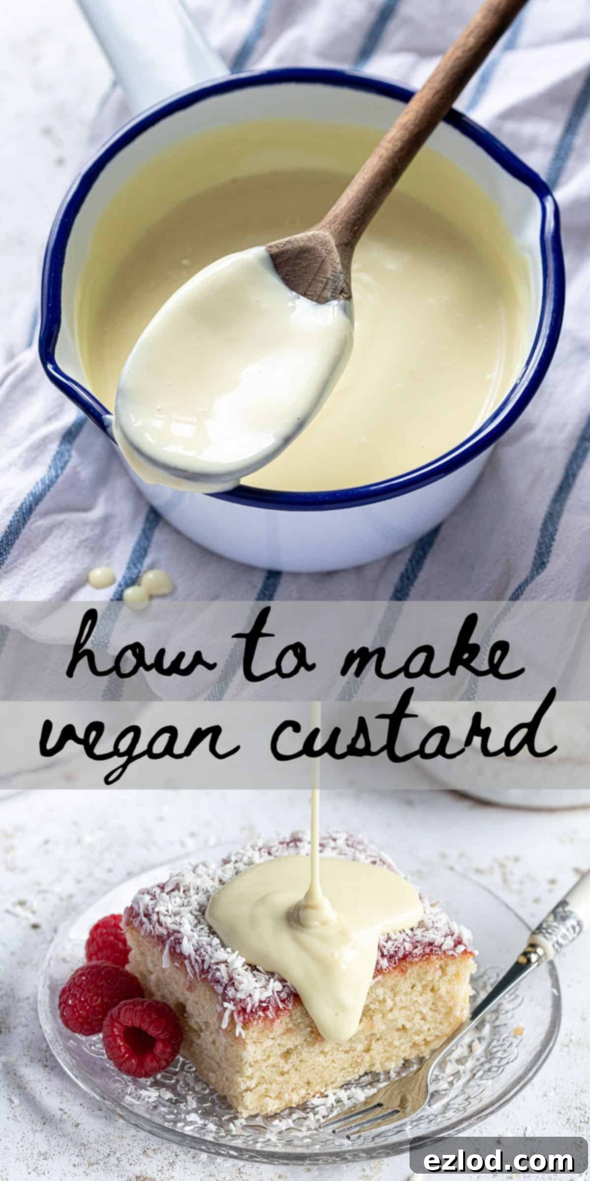 A collage of three appetizing images showing creamy vegan custard, including it in a pan, being poured, and on a spoon.